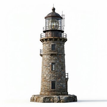 Realistic 3D Render of an Old Stone Lighthouse Isolated on White Background