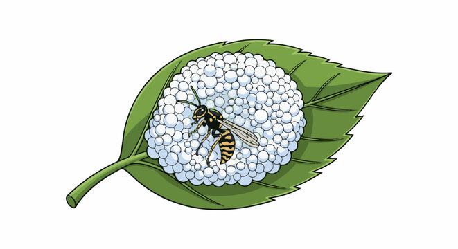 A cartoon wasp rests on a cluster of white bubble-like growths on a green leaf