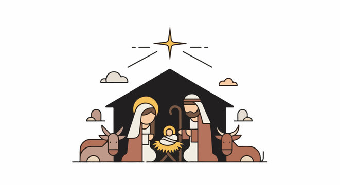 Stylized nativity scene with figures of Joseph, Mary, baby Jesus, oxen, and a star above a stable