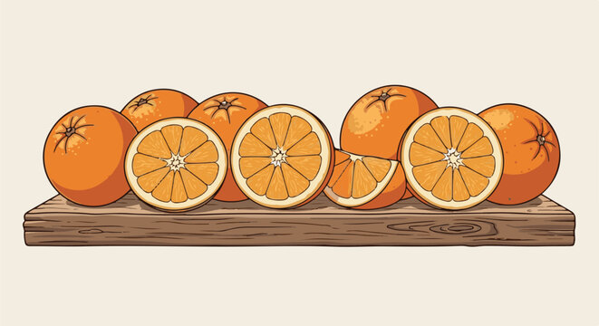 A still life illustration of whole and sliced oranges artfully arranged on a rustic wooden board