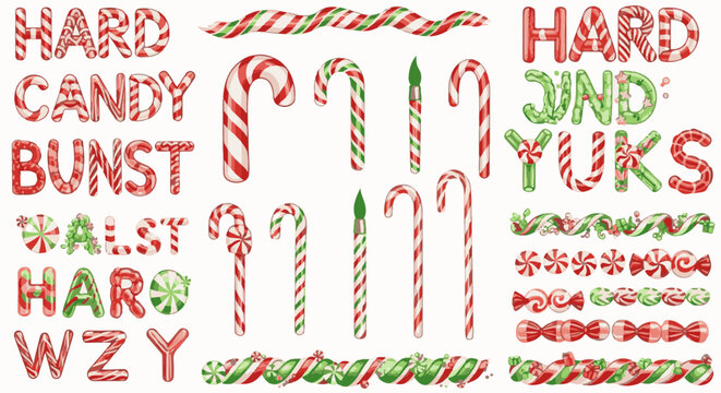 Assorted pixel art candy canes, swirled candies, and text designs in red and green