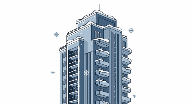 Stylized, pixel-art building adorned with snow, under a winter sky