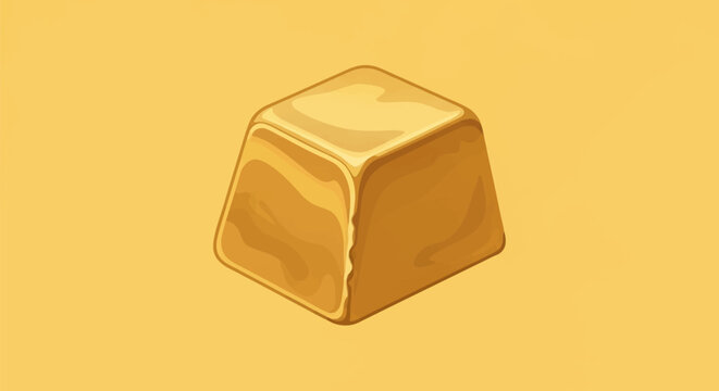 Single stylized 3D gold block or nugget illustration with rounded edges and soft shading, isolated on a solid golden yellow background for wealth and mineral concepts.