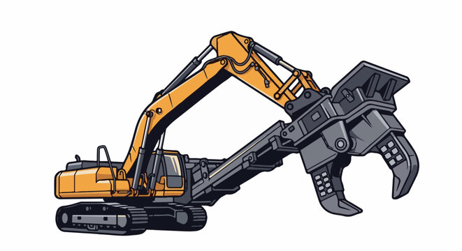 Yellow construction vehicle with grappling attachment