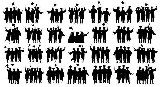 Graduates celebrate success in group silhouettes.