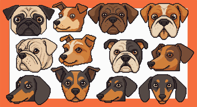 Twelve pixel art dog portraits arranged in three rows of four, featuring various breeds