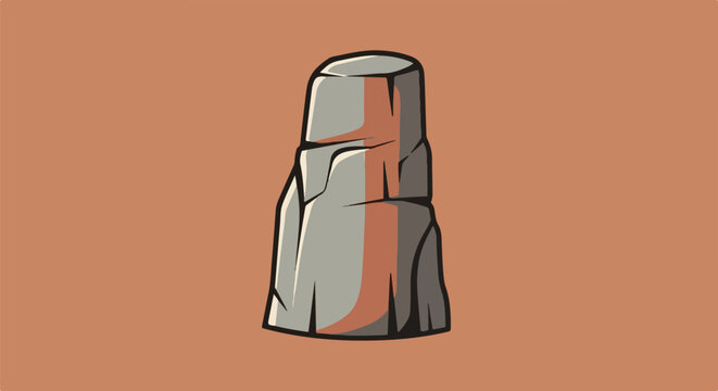 Stylized, grey, rocky monolith with orange highlights on a muted orange background