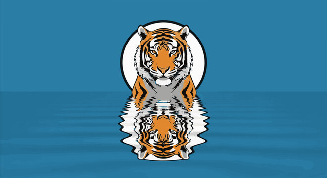 A powerful tiger's face is reflected in rippling water, against a calm blue background