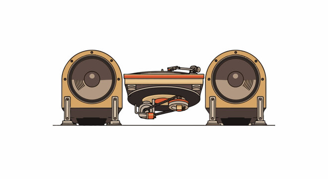 Vintage audio setup with turntable and two speakers on a white background