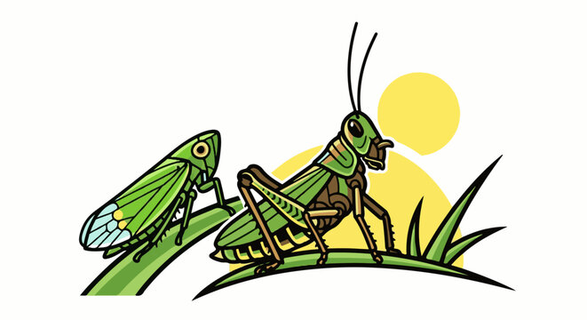 Two green grasshoppers perched on blades of grass under a yellow sun