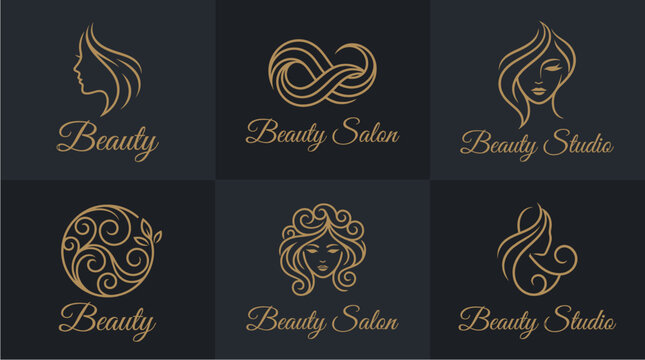 Six elegant golden line art logos for beauty salons and studios, featuring stylized women's faces and flowing hair designs on a dark background.
