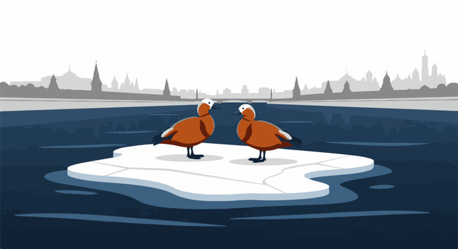 Two ruddy shelducks stand on an ice floe in front of a silhouetted cityscape