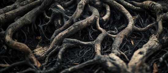 Fototapeta premium Close-up of intricate tree roots on dark soil. The roots intertwine, showcasing their texture and natural patterns. A representation of nature and growth.