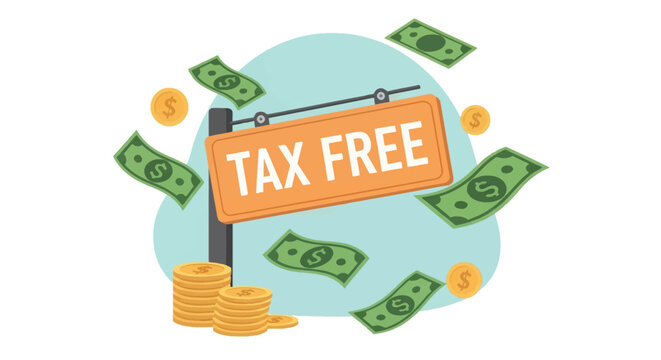 A vector illustration of an orange rectangular hanging sign displaying the words TAX FREE, surrounded by flying green dollar bills, floating gold coins, and stacks of currency.