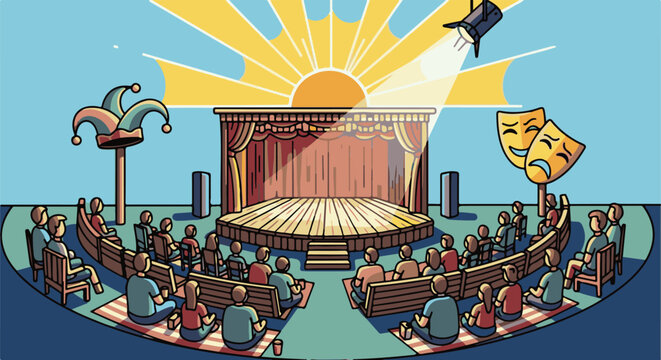 An outdoor stage with an audience watching a performance under a bright sun