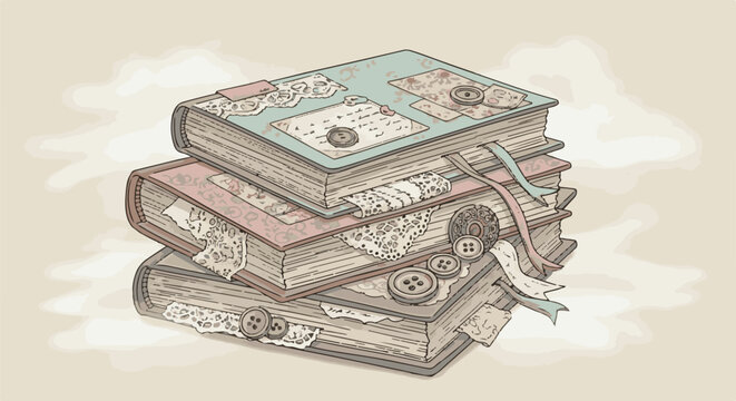 A stack of decorative journals adorned with lace, buttons, and ribbons, set against a soft, cloudy background