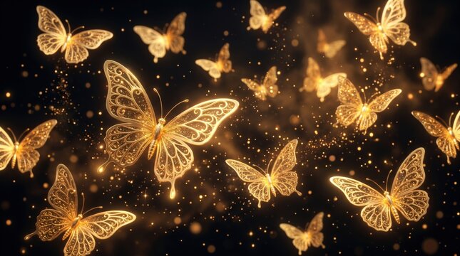 幻想的な輝きを放つ金色の蝶が舞う、神秘的で美しい背景画像。エレガントな光の粒子が煌めく、魔法のような蝶の群れ。