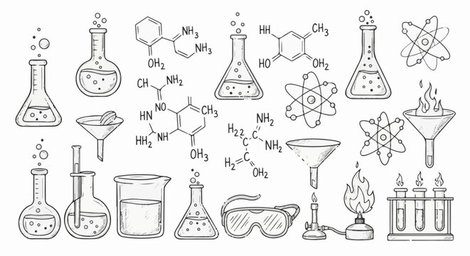 Hand-drawn sketch of science equipment, molecular diagrams, and atom models