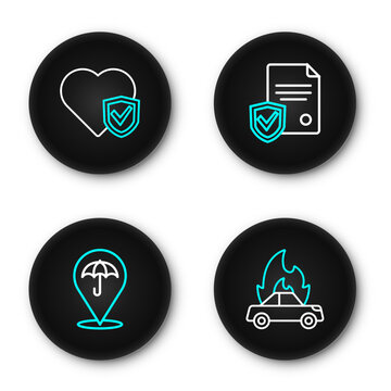 Set line Burning car, Umbrella, Contract with shield and Life insurance icon. Vector