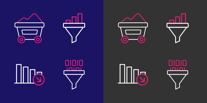 Set line Binary code, Financial growth decrease, Sales funnel with chart and Coal mine trolley icon. Vector
