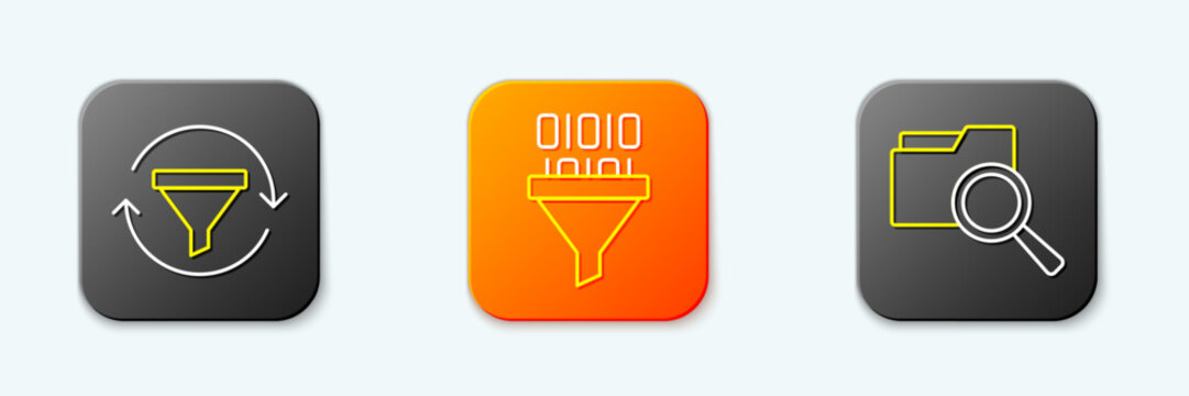 Set line Sales funnel with chart, Binary code and Search folder icon. Vector