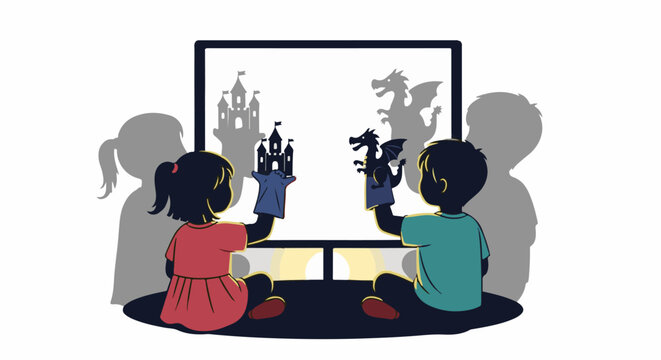 Children creating a shadow puppet show with castles and dragons