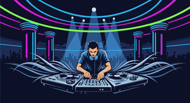 Energetic DJ performance with vibrant lights and dancing crowd at a lively club
