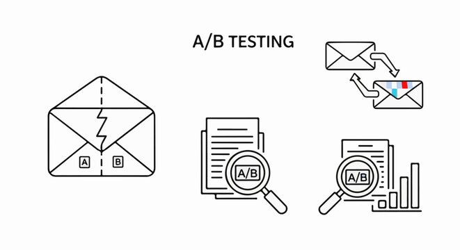 Icons illustrate A/B testing with envelopes, documents, magnifying glass, and charts