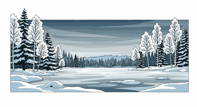 Pixelated winter landscape with snow-covered trees and frozen lake