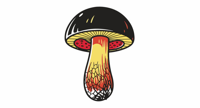 Stylized illustration of a mushroom with a black cap, yellow gills, and a textured, reddish-yellow stem