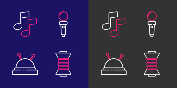Set line Sewing thread on spool, Needle bed and needles, Joystick for arcade machine and Music note, tone icon. Vector