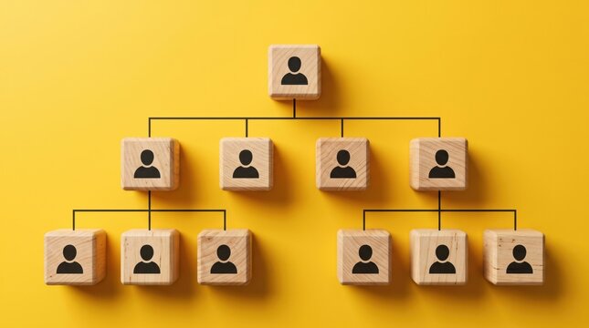 組織構造と階層を示す木製ブロックの人型アイコン、ビジネスのチームワークとリーダーシップの概念、黄色い背景の組織図