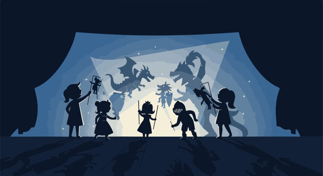 Kids playing shadow puppets with dragons, knights, and princesses