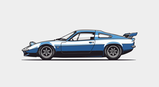 Pixel art of a vintage blue and white sports coupe with pop-up headlights and a spoiler