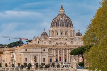 Obraz premium Walking in Rome and view on St. Peters Basilica, travel destination in Italy, Vatican City State, popes residence, sacred place, guided tour Rome, visit of Basilica and Dome