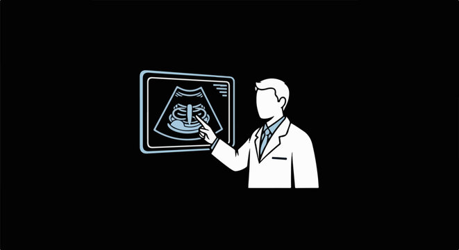 Doctor points to sonogram image showing a fetal skeleton in a simplified illustration