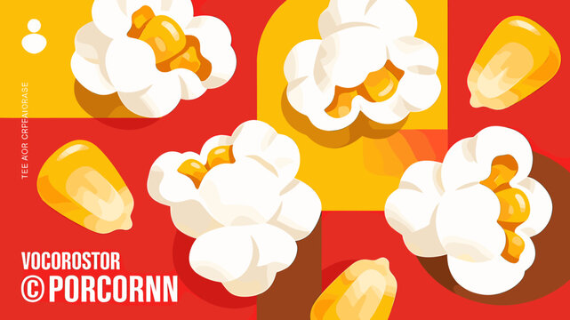 An illustration of fluffy white popcorn and golden corn kernels scattered on a vibrant red and yellow checkered background.
