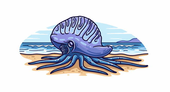 Cartoon Portuguese man o' war stranded on a pixelated beach with ocean waves and distant hills