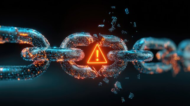 Fragmented digital chain link with glowing warning symbol on dark background