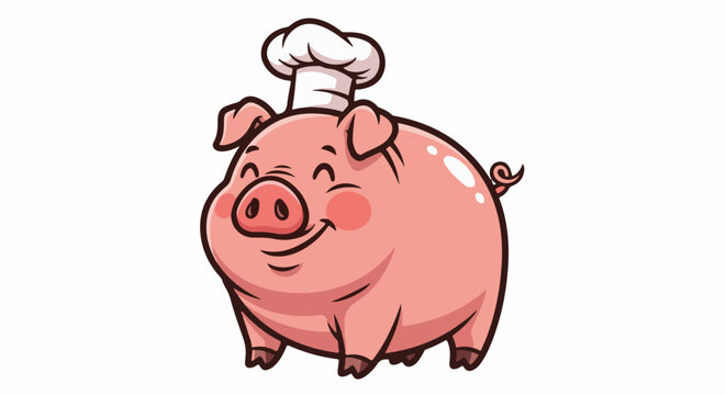 A plump cartoon pig wears a chef's hat and smiles joyfully, with rosy cheeks and a curly tail