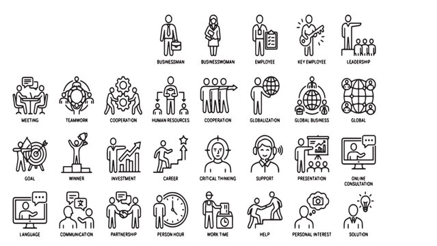 Comprehensive Business Management and Corporate Strategy Line Icon Set with Professional Workforce Development and Human Resources Vector Elements