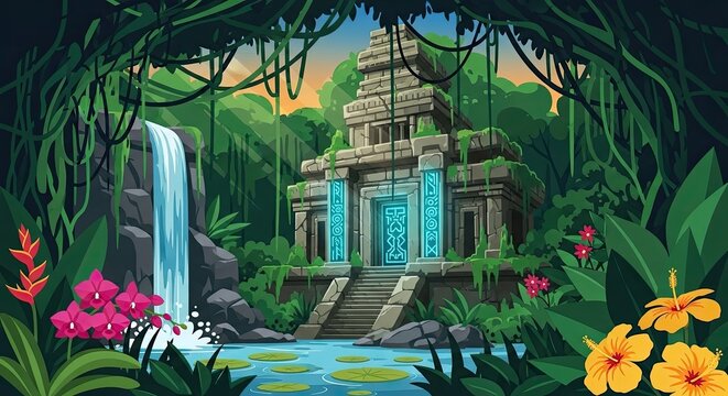 Ancient stone temple with glowing runes in tropical jungle