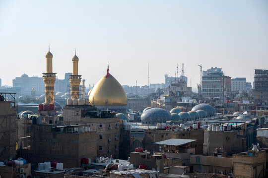 Karbala, Iraq - December 27, 2025: Aerial view of Imam Hussain and Hazrat abbas shrine in Karbala Iraq