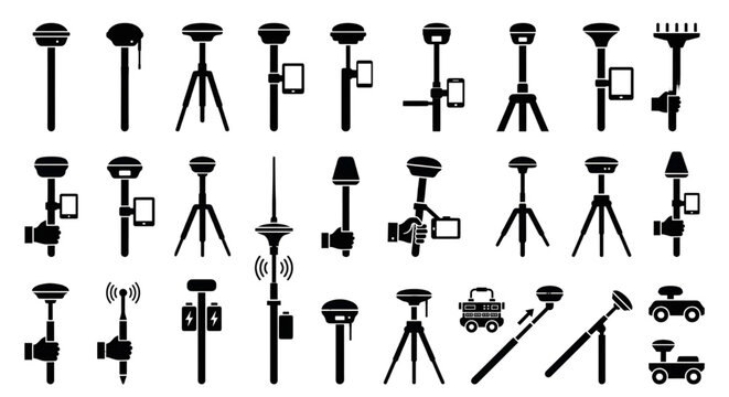 Geodetic surveying equipment and RTK GPS GNSS Pole Silhouette icon set, GNSS receivers, geodetic total stations, RTK GPS poles, tripods, handheld controllers, and autonomous robotic rovers