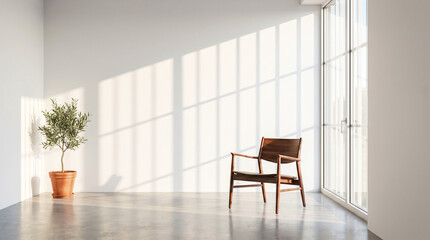 Fototapeta premium Modern minimalist room with dark walnut armchair and large window, warm natural light