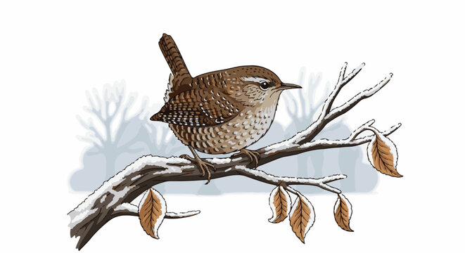 A small wren perches on a snow-dusted branch with fallen leaves, in a soft, wintery background