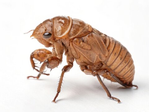 Close-up of an isolated empty cicada exoskeleton, golden-brown molting shell on pure white background