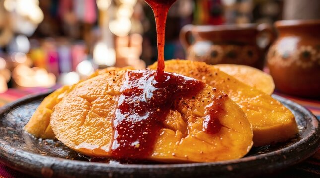 Tortillas with chamoy sauce being poured perfect for National Chamoy Day