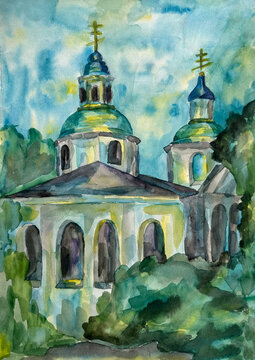 Architecture sketch illustration of the old church in Polotsk. Watercolor ilustration.  Hand drawn travel postcard. Banner, poster.