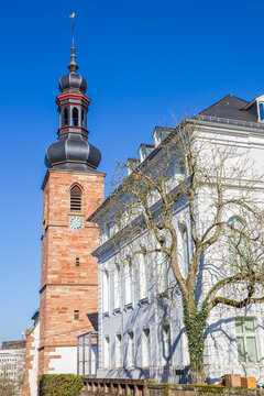 Church tower and historic castle in Saarbrucken